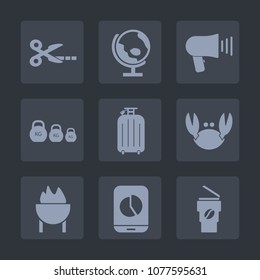 Premium set of fill icons. Such as chart, kilogram, travel, crab, measurement, luggage, geography, fitness, black, world, message, earth, drink, coffee, sphere, barbecue, cut, globe, seafood, tool