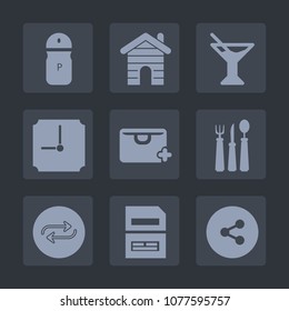 Premium set of fill icons. Such as fork, architecture, juice, real, hour, replace, file, business, black, data, food, salt, knife, ingredient, building, sign, spice, change, replacement, house, social
