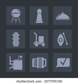 Premium set of fill icons. Such as chess, accordion, desk, kayak, package, hot, delivery, dish, water, meat, traffic, cargo, king, grilling, kayaking, food, restaurant, communication, knight, green