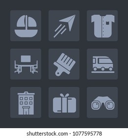 Premium set of fill icons. Such as travel, table, building, aircraft, white, house, box, van, gift, flight, paper, boat, industrial, real, airplane, transport, plane, business, marine, present, paint