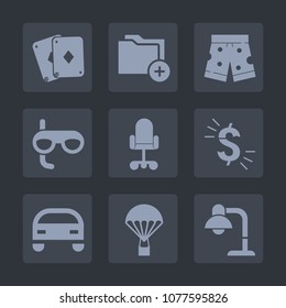 Premium set of fill icons. Such as usd, currency, mask, storage, clothing, play, decoration, fashion, business, parachute, interior, jump, office, casino, sky, sport, white, chair, car, game, gambling