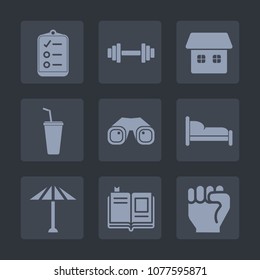 Premium set of fill icons. Such as document, finger, gym, fitness, people, concept, travel, binocular, sport, equipment, real, graphic, juice, residential, bedroom, culture, wagasa, tool, bed, drink