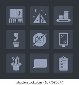 Premium set of fill icons. Such as luggage, list, suitcase, checklist, plant, music, travel, melody, photo, white, leisure, mark, note, picture, bag, baggage, talk, landscape, adventure, room, tent