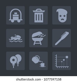 Premium set of fill icons. Such as office, decoration, recycling, vessel, meat, container, trash, birthday, hipster, baggage, rubbish, diagram, barbecue, ecology, luggage, tea, bellboy, fashion, cart