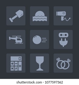 Premium set of fill icons. Such as engagement, hammer, wine, construction, bowling, glass, shovel, calculator, power, dryer, accounting, helicopter, sky, pin, wedding, finance, hair, fun, tool, beauty