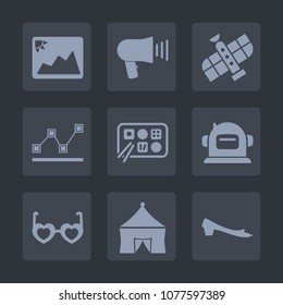 Premium set of fill icons. Such as chart, voice, sunglasses, satellite, speaker, white, photo, fashion, image, hippie, picture, shuttle, restaurant, blank, helmet, orbit, frame, circus, loudspeaker