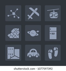 Premium set of fill icons. Such as refrigerator, chemistry, aircraft, automobile, blue, technology, fly, food, structure, atom, train, business, saturn, plane, space, real, molecule, slipper, aviation
