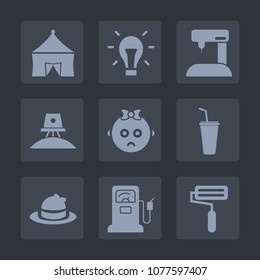 Premium set of fill icons. Such as circus, headwear, fuel, clothing, innovation, recreation, lamp, kid, electricity, power, exploration, paint, hat, drink, tent, spaceship, electric, sew, energy, pump