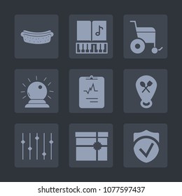 Premium set of fill icons. Such as lunch, handicap, food, musical, check, dinner, health, equality, wheelchair, pointer, note, treble, magic, meal, hot, pulse, clef, accessibility, gift, cardiology