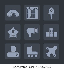 Premium set of fill icons. Such as spring, tool, plane, curtain, winner, binocular, sport, military, bed, room, vacation, aircraft, travel, nest, hotel, wood, flight, contact, first, birdhouse, place