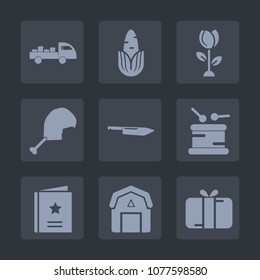 Premium set of fill icons. Such as food, musical, summer, drum, natural, transport, favorite, favour, shipping, organic, van, box, blossom, meat, holiday, vegetarian, diet, fresh, flower, music, corn