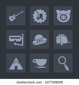 Premium set of fill icons. Such as train, truck, box, rock, technology, spaceship, vehicle, animal, coffee, zoom, container, tent, sound, adventure, space, white, piglet, musical, van, summer, camp