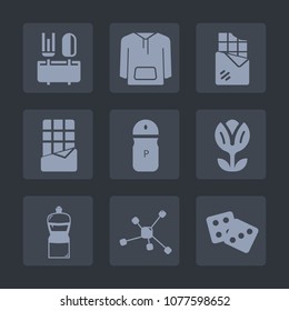 Premium set of fill icons. Such as clothing, restaurant, blossom, jacket, casino, molecule, equipment, clothes, bar, spring, candy, salt, pepper, spice, sweet, fashion, cooking, white, snack, shirt