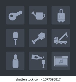 Premium set of fill icons. Such as gardening, light, music, lamp, car, glass, vehicle, bowling, garden, sport, suitcase, tool, luggage, transportation, city, cone, travel, bag, house, baggage, sign