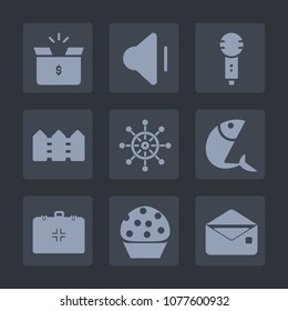 Premium set of fill icons. Such as seafood, helm, dessert, cardboard, volume, studio, voice, message, singer, sweet, up, shipping, nautical, mail, song, sound, audio, music, health, envelope, ship
