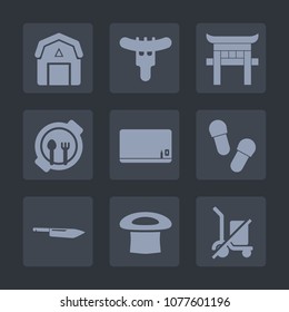 Premium set of fill icons. Such as gate, chalk, shrine, shipping, scale, meal, dinner, slipper, hotdog, staple, school, forest, kitchen, send, farm, barn, rural, japan, eat, old, farming, meat, kid