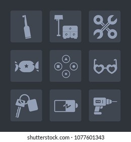 Premium set of fill icons. Such as play, automobile, dentist, style, home, game, energy, fun, food, sweet, drill, dental, hygiene, fashion, work, brush, table, bed, technology, auto, sofa, hand, full
