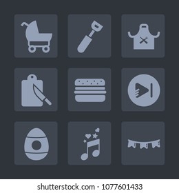 Premium set of fill icons. Such as sound, table, baby, food, hamburger, buggy, chief, flag, decoration, spoon, cutlery, child, musical, tool, dinner, kid, video, stroller, media, cooking, holiday
