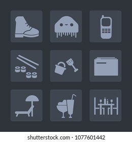 Premium set of fill icons. Such as communication, office, sunbed, seafood, wear, bucket, dessert, space, information, creature, telephone, alien, summer, chair, fish, black, paper, stationary, phone