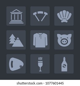 Premium set of fill icons. Such as shell, environment, swine, banking, forest, nature, musical, jump, liquid, parachuting, business, wine, clothing, concept, bottle, building, sign, seashell, marine