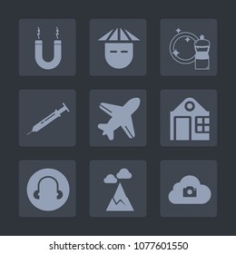 Premium set of fill icons. Such as plane, house, sign, mountain, airplane, magnet, science, tool, clean, smile, magnetic, needle, real, people, broom, photo, young, business, blue, building, cloud