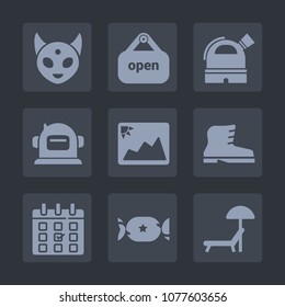 Premium set of fill icons. Such as door, beach, sweet, store, observatory, picture, character, lollipop, shop, photo, time, calendar, umbrella, leather, candy, creature, footwear, summer, space, day