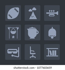 Premium set of fill icons. Such as american, hill, book, hot, stadium, campfire, nature, flame, alarm, drink, tea, peak, library, interior, armchair, blue, football, comfortable, teapot, mask, ball