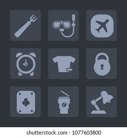 Premium set of fill icons. Such as fashion, lamp, coffee, hot, plane, security, clothes, hour, drink, fork, air, sea, summer, sign, minute, lock, knife, play, cup, shirt, beach, table, restaurant