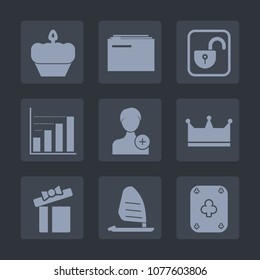 Premium set of fill icons. Such as king, sea, celebration, ocean, poker, play, member, holiday, lock, paper, office, box, chocolate, diagram, dessert, gift, bakery, sweet, unlock, information, cookie