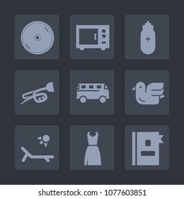 Premium set of fill icons. Such as nature, kitchen, trumpet, music, bird, bus, summer, eating, phone, dvd, business, wildlife, directory, book, sunny, microwave, animal, sky, healthy, transport, disk