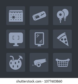 Premium set of fill icons. Such as gun, balloon, computer, ticket, pizza, air, event, decoration, bright, food, plane, street, birthday, date, juice, banner, happy, glass, screen, party, technology
