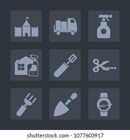 Premium set of fill icons. Such as shipping, gadget, house, pan, chemical, industry, toxic, restaurant, dinner, cooking, cut, time, clean, tool, spray, van, white, fork, food, tower, kitchen, watch