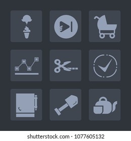 Premium set of fill icons. Such as video, check, pram, baby, notebook, food, construction, japanese, tool, music, frozen, button, tea, summer, play, dessert, beverage, cold, drink, player, stroller