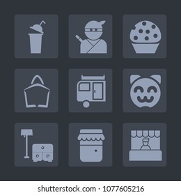 Premium set of fill icons. Such as trailer, journey, furniture, bag, warrior, sofa, cake, bed, cat, vacation, coffee, cup, japanese, dessert, market, table, supermarket, sale, kitty, chair, , bakery