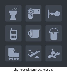 Premium set of fill icons. Such as camera, phone, sound, orbit, key, plane, digital, interior, liquid, sign, communication, concert, space, house, flight, mobile, fun, technology, music, airplane, old