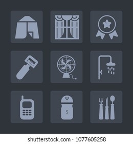 Premium set of fill icons. Such as leisure, potato, travel, tool, award, window, mobile, landscape, interior, air, knife, light, spoon, vegetable, phone, summer, sign, fan, spice, first, food, tent