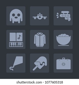 Premium set of fill icons. Such as summer, play, food, aircraft, ufo, emergency, sky, jacket, transportation, dish, ice, empty, pistol, fiction, clothing, note, departure, character, sound, creature