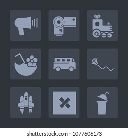 Premium set of fill icons. Such as cocktail, speaker, road, megaphone, spaceship, cup, message, rocket, transportation, fun, sky, railway, photo, glass, voice, locomotive, space, vehicle, kite, lens