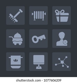 Premium set of fill icons. Such as gardening, hotel, avatar, hot, laptop, service, boiler, key, tool, gift, heat, home, grass, season, room, fall, towel, heater, molecule, rake, water, profile, autumn