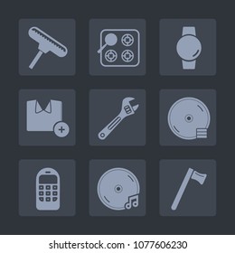 Premium set of fill icons. Such as tool, gadget, oven, hammer, technology, mobile, touch, fashion, sound, dvd, device, equipment, old, disk, album, home, screen, brush, cooking, hot, time, roller, cd