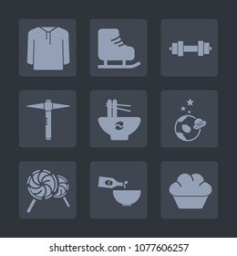 Premium set of fill icons. Such as style, dumbbell, winter, spaceship, white, activity, science, jacket, meal, skate, cake, dessert, lollipop, doughnut, noodle, glass, exploration, hammer, equipment