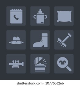 Premium set of fill icons. Such as trumpet, rake, west, coffee, bedroom, nutrition, phone, footwear, milk, female, baby, childhood, pillow, bed, woman, gardening, kid, contact, healthy, fashion, boot