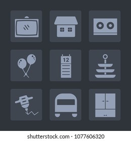 Premium set of fill icons. Such as sign, real, tv, birthday, transport, media, food, architecture, screen, transportation, hand, music, machine, house, happy, balloon, man, drill, party, bright, video