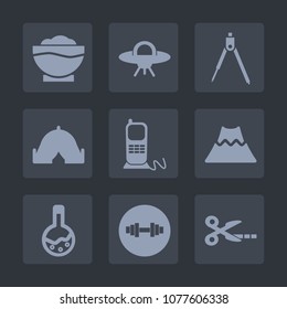Premium set of fill icons. Such as lava, tool, telephone, drink, communication, medicine, equipment, fitness, spaceship, mountain, cut, landscape, outdoor, coffee, drawing, divider, restaurant, ufo