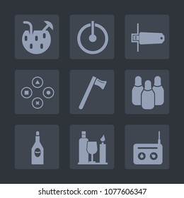 Premium set of fill icons. Such as fun, wine, control, sport, alcohol, tropical, hammer, sound, button, gaming, party, cold, tool, energy, technology, media, web, cone, play, music, construction, off