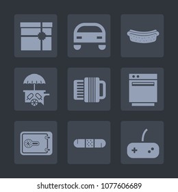 Premium set of fill icons. Such as van, ribbon, fast, gas, music, appliance, summer, joystick, accordion, meat, eat, gift, food, lunch, holiday, finance, safe, money, car, vehicle, automobile, box