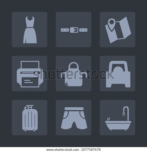 Premium set of fill icons. Such as navigation,\
clothes, shorts, fasten, dress, location, travel, buckle, apron,\
white, clothing, gps, print, pin, printer, wear, computer, chef,\
kitchen, map, template