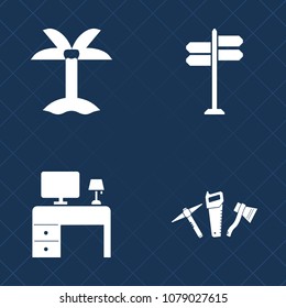Premium set of fill vector icons. Such as office, space, arrow, exotic, silhouette, work, top, point, plant, beach, hammer, pointer, tropical, repair, white, nature, palm, table, spanner, tree, blank