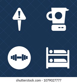 Premium Set Of Fill Vector Icons. Such As Exclamation, Home, Food, Sport, Motel, Attention, Bed, Barbell, Service, Equipment, Cooking, Dumbbell, Point, Sign, Hotel, Mark, Room, Risk, Hostel, Gym, Tool