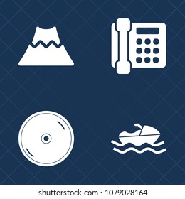 Premium set of fill vector icons. Such as disc, compact, record, ship, mobile, connection, dvd, computer, sound, volcano, marine, call, service, active, transportation, music, shipping, cd